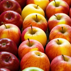 A vibrant collection of fresh apples in shades of red, yellow and green, with a mix of solid and striped patterns on their skins, arranged in rows, with the apples appearing plump and appealing, shot 