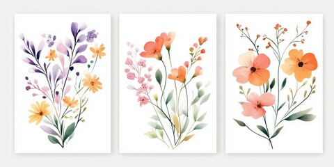 Set of Three Watercolor Floral Cards with Vibrant Purple, Pink, and Orange Flowers and Greenery on White Background


