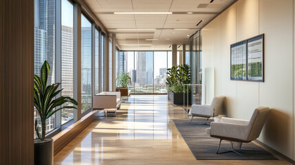 Obraz premium Modern office corridor with large windows, seating, and greenery for a professional atmosphere.