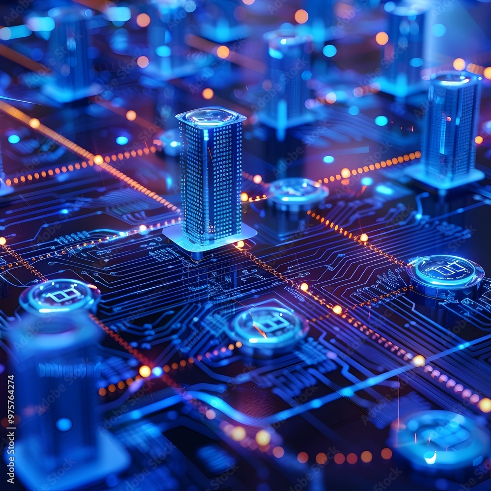 Poster futuristic digital twin city with blockchain powered smart contracts and utilities