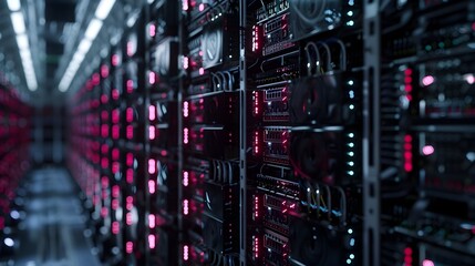 Blockchain Mining Farm with Rows of Servers Processing Transactions Highlighting the Power of Decentralized Computing