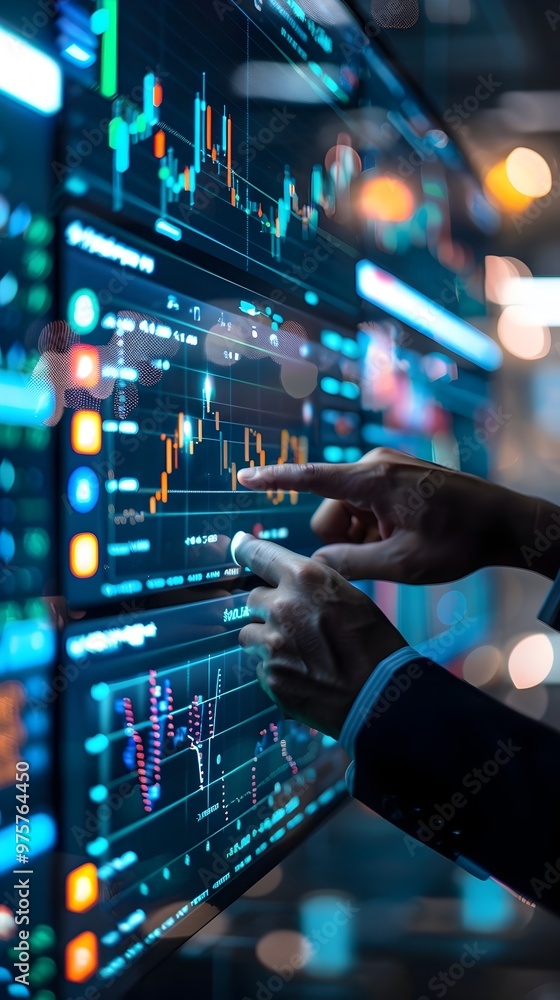 Poster finance analysts reviewing blockchain data on digital dashboard