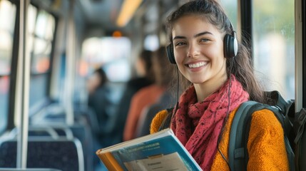 Smiling student listening to music while commuting on a bus in autumn