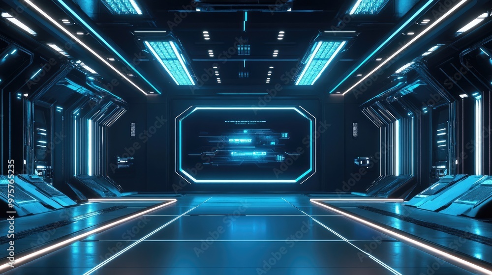 Poster a futuristic stage setup with high-tech design elements, perfect for digital presentations or virtua