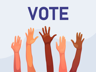 Hands of crowd in air in a vote event. Hands calling to election voting. Vote day. 