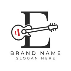 Initial Letter E Guitar icon with Line Art Style for Chord. Alphabet E with Musical instrument logo design