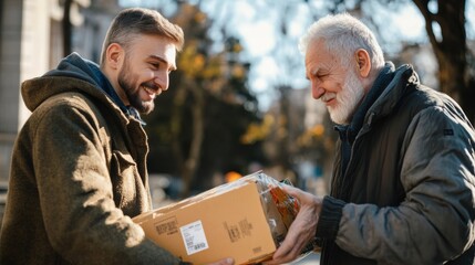Two men sharing a moment while delivering a package outdoors