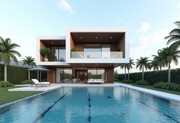 Exterior of amazing modern minimalist cubic villa with large swimming pool among palm trees