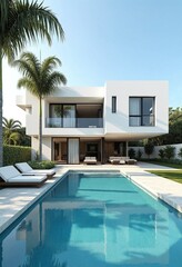 Exterior of amazing modern minimalist cubic villa with large swimming pool among palm trees