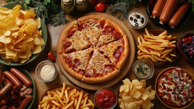 An indulgent spread of processed foods featuring pizza, hot dogs, crispy chips, and french fries, perfect for comfort food