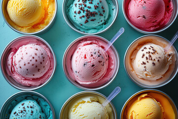 A colorful ice cream in metal tins with plastic spoons on a table.