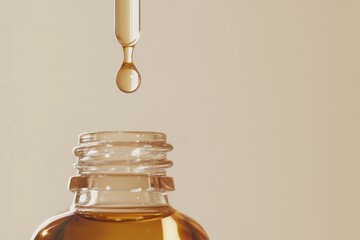 pipette tip releasing a drop of golden liquid into a bottle of serum, beauty and health product , wellness, youthful 