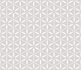 Simple vector gray and white seamless pattern. Abstract floral geometric ornament. Subtle background with flower silhouettes, leaves, lines, hexagonal grid, lattice. Minimalist repeated geo design