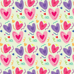 Pink and purple Abstract Doodle Heart shapes and confetti patterns for birthdays, celebrations and gift wrapping, Cute doodle vector illustration