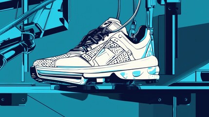 Close-up of a white sneaker on an assembly line, highlighting the futuristic design and manufacturing process.
