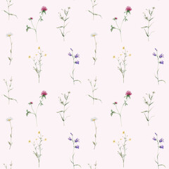 Watercolor floral seamless pattern in botanical rustic style, colored garden. Hand drawn print with meadow flowers: bluebell, buttercup, clover, chamomile. Repeat wallpaper with leaves and plants.