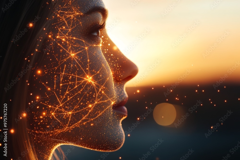 Poster side profile of a woman’s face illuminated by glowing golden neural network patterns at sunset repre