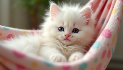 Cute white kitten in a hammock