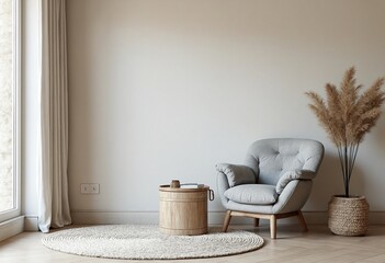 Grey snuggle chair against stucco wall. Boho home interior design of modern living room