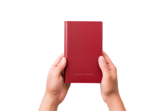 Hands Holding A Red Leather Notebook On Transparent Background