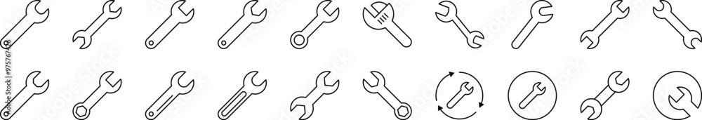 Poster set of line icons of wrench. editable stroke. minimalistic linear pictogram for design of cards, app