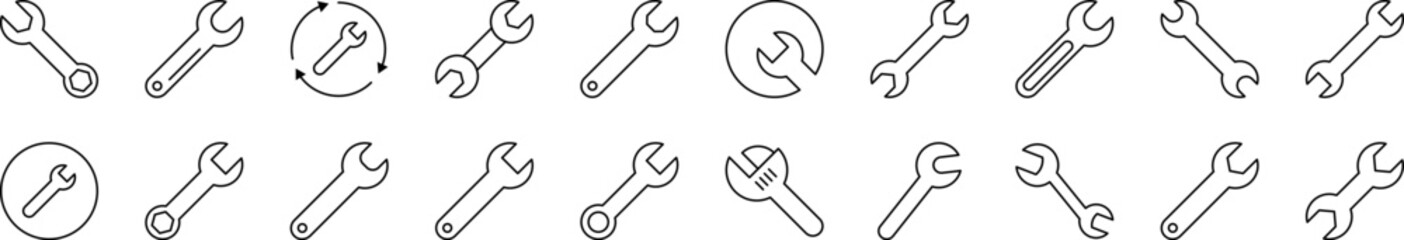 Set of Line Icons of Wrench. Editable Stroke. Minimalistic Linear Pictogram for Design of Cards, Apps, Banners, Posts
