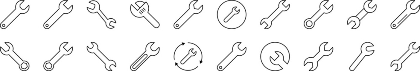 Wrench Outline Web Line Icons Collection. Editable Stroke. Minimalistic Linear Pictogram for Design of Cards, Apps, Banners, Posts