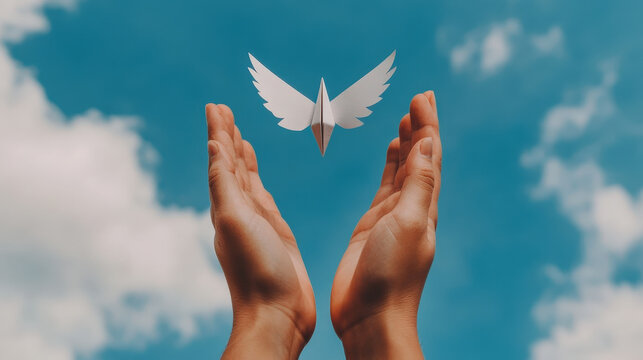 Hands releasing a paper bird into the sky, representing letting go of unimportant commitments, [Art of saying no], [Freedom through rejection] 