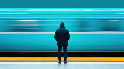 Minimalist person calmly stepping away from a fast-moving train, symbolizing the power of stepping back, [Art of saying no], [Prioritizing self-care]