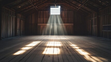 A large, empty barn interior with beams of sunlight streaming through the entrance, casting long shadows across the wooden floor.