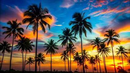 Silhouette of tall coconut palm trees against a vibrant sunset on a tropical beach.
Majestic coconut palm trees framing a stunning sunset over the ocean.