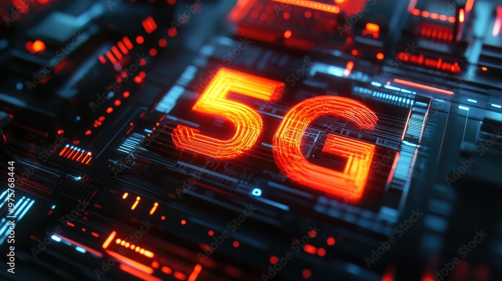 Poster bold 5g text displayed over a futuristic background symbolizing high-speed internet and data transmi