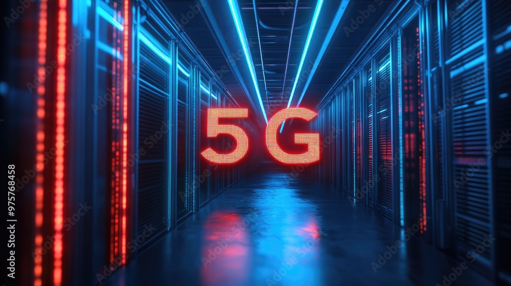Aufkleber bold 5g text displayed over a futuristic background symbolizing high-speed internet and data transmi