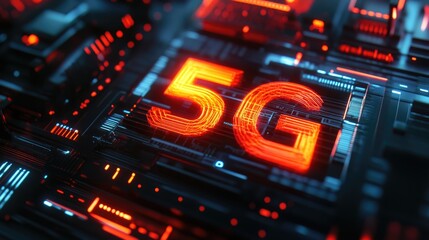 Obraz premium Bold 5G text displayed over a futuristic background symbolizing high-speed internet and data transmission.