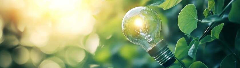 Light Bulb with Green Leaves and Sun   Eco Friendly Energy Concept