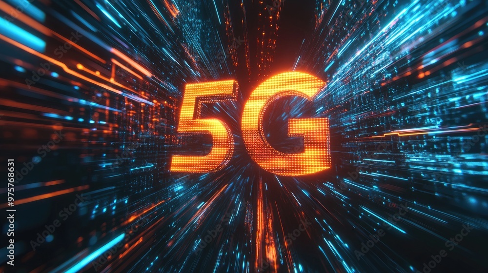 Fototapete bold 5g text displayed over a futuristic background symbolizing high-speed internet and data transmi