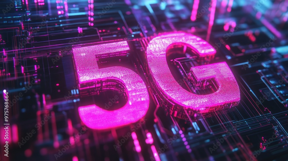 Poster bold 5g text displayed over a futuristic background symbolizing high-speed internet and data transmi