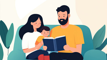 Family reading together on a cozy couch, hyper-realistic, International Literacy Day, raw style 