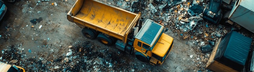 Yellow Dump Truck on Construction Site with Debris