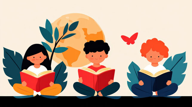 Diverse children reading books under a tree with a globe in the background, International Literacy Day