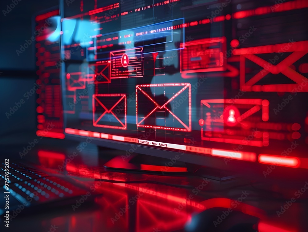 Poster simulating cyber threats deceptive emails and security alerts on computer screen