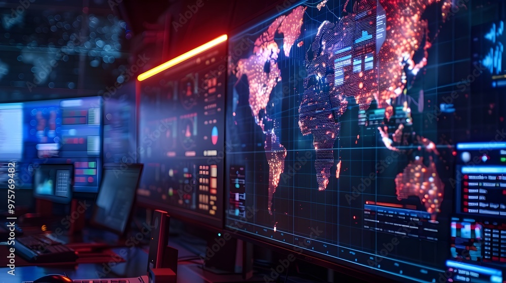 Aufkleber global cyberattack and defense visualization in network center