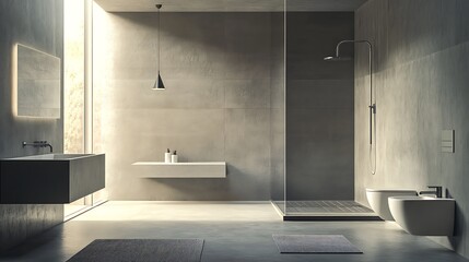 Modern Minimalist Bathroom with Glass Shower and Concrete Walls