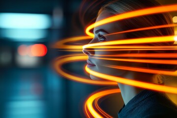 Side profile of a woman with swirling orange light trails around her symbolizing energy movement and futuristic technology in a modern high tech environment