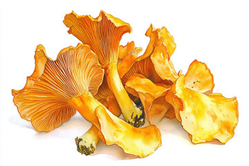 Fototapeta premium Watercolor painting showing a group of golden chanterelle mushrooms on a white background