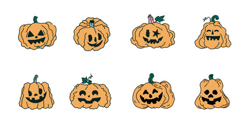 Bundle of Halloween Smiling Pumpkins Illustration, Halloween Vibe and Elements, Colored Happy Pumpkin Set, Colored Handdrawn Style
