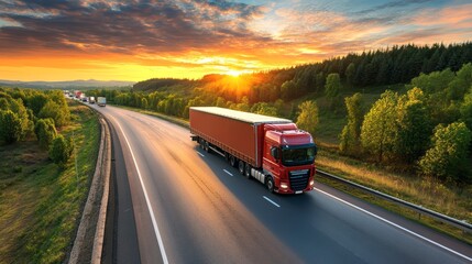 Red Semi Truck Driving on Highway at Sunset