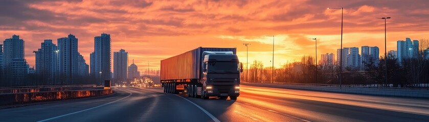 Semi Truck Driving on Highway at Sunset with City Skyline