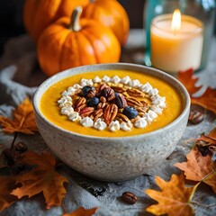 Fototapeta premium Creamy Pumpkin Smoothie Bowl topped with seeds and nuts, served in a bowl on a wooden table adorned with autumn leaves and lights.