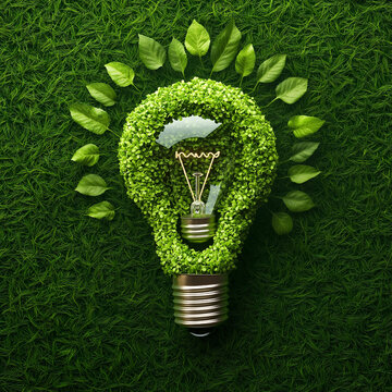 A leafy green lightbulb with a glass lightbuld inside, leaves around, nature backgroun